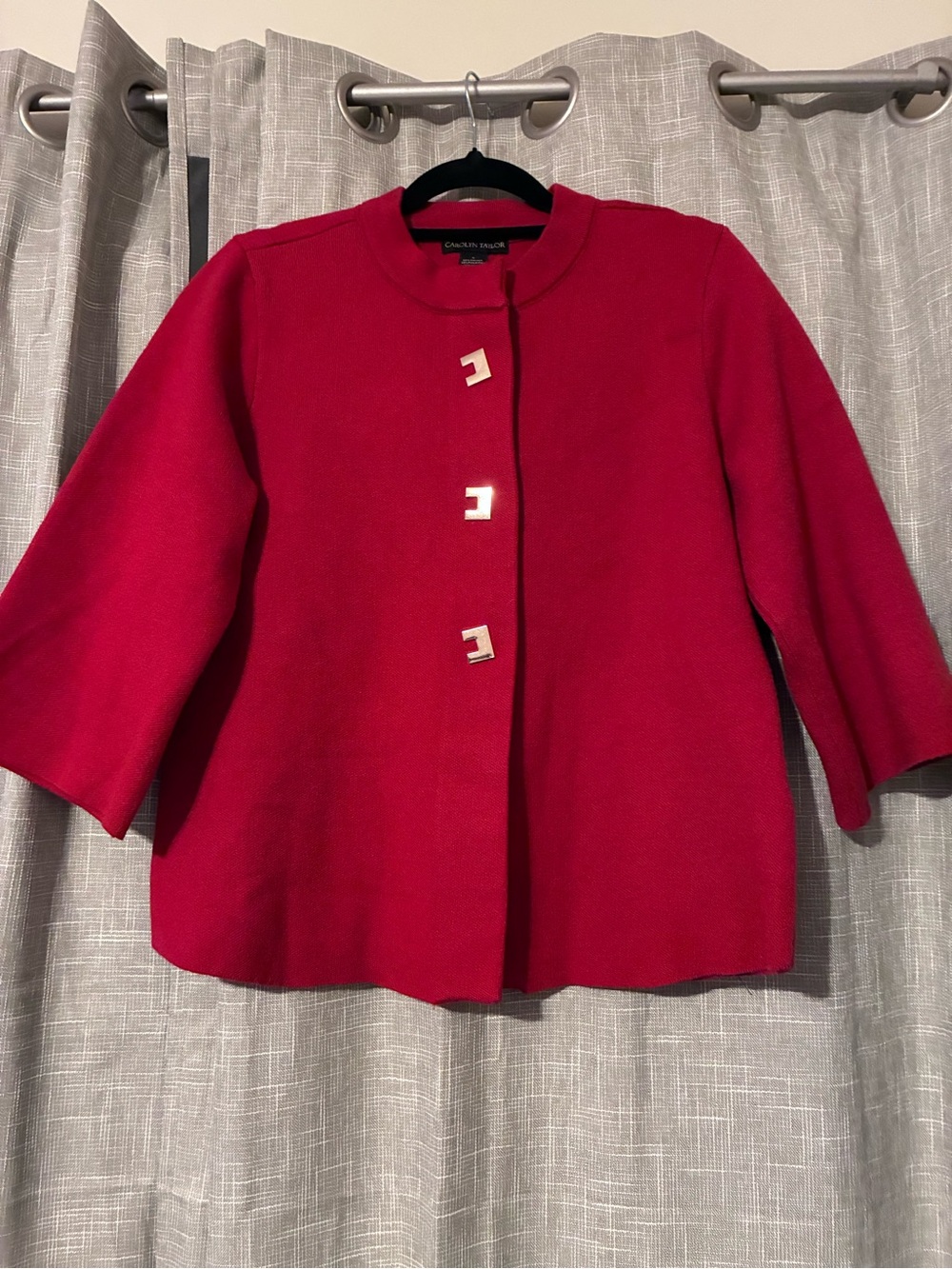 Carolyn Taylor Red Knit Cardigan Jacket 3/4 Sleeve Gold Buttons S